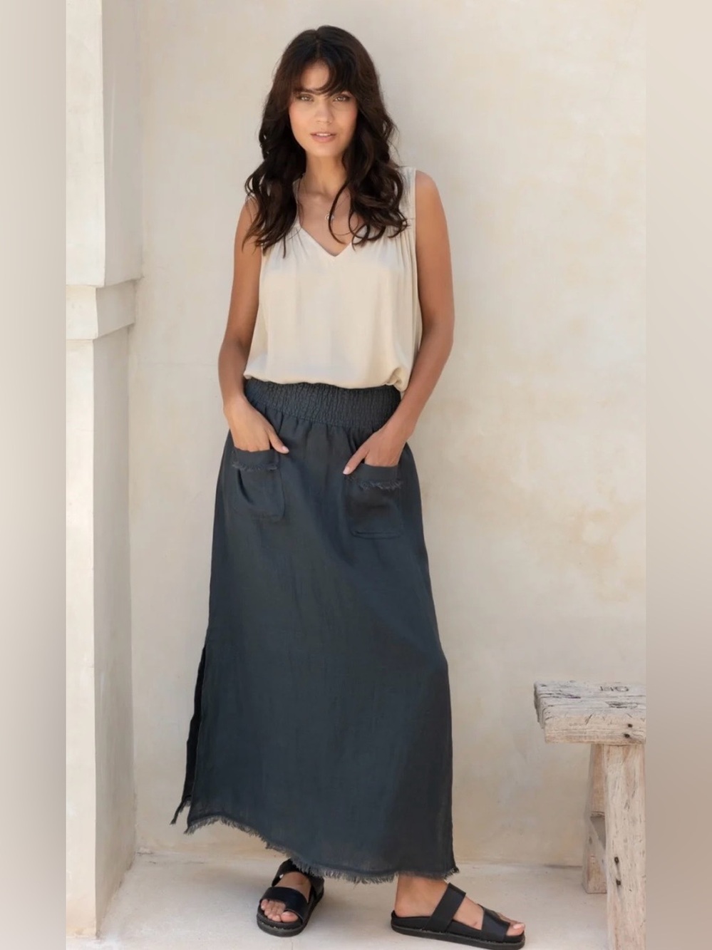 Nomad the Label Aurora French Linen Skirt, Charcoal, Size Small